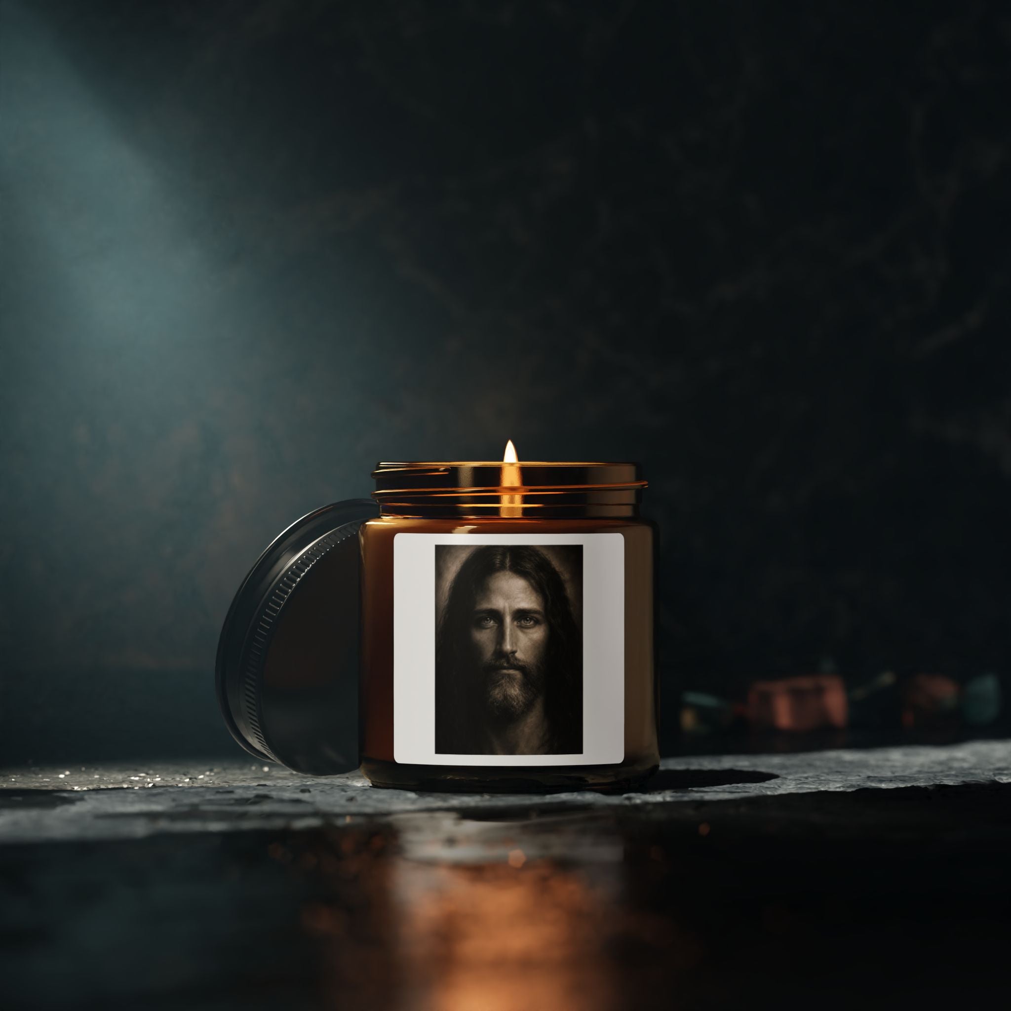 Yeshua Portrait Scented Candle — Amber Soy Jar with Jesus Portrait